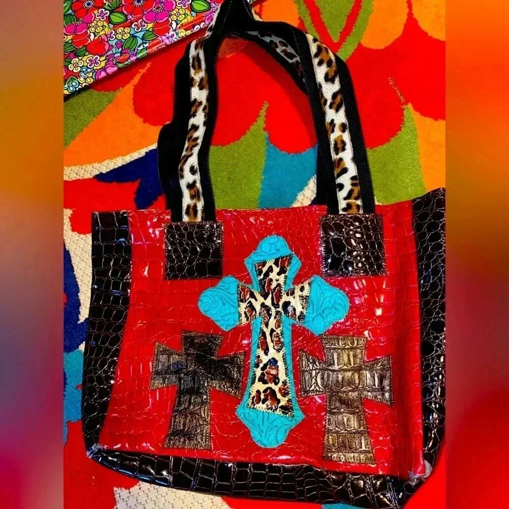 CHAOS BY ELSIE Multi Color patchwork Leopard Print Genuine Leather Satchel Bag​​